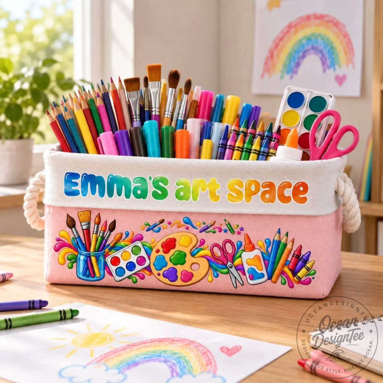 Personalized Kids Art Supply Storage Basket with Custom Name for Children's Art Space