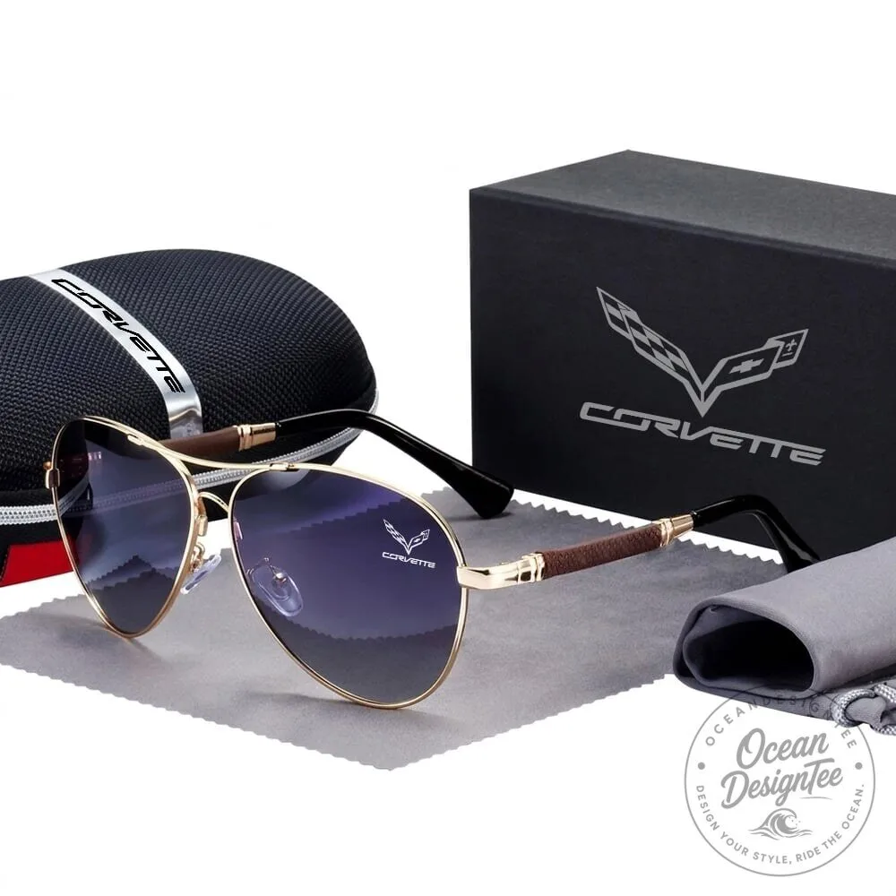 Corvette C8 Stingray Gold Frame Polarized Aviator Sunglasses with Case