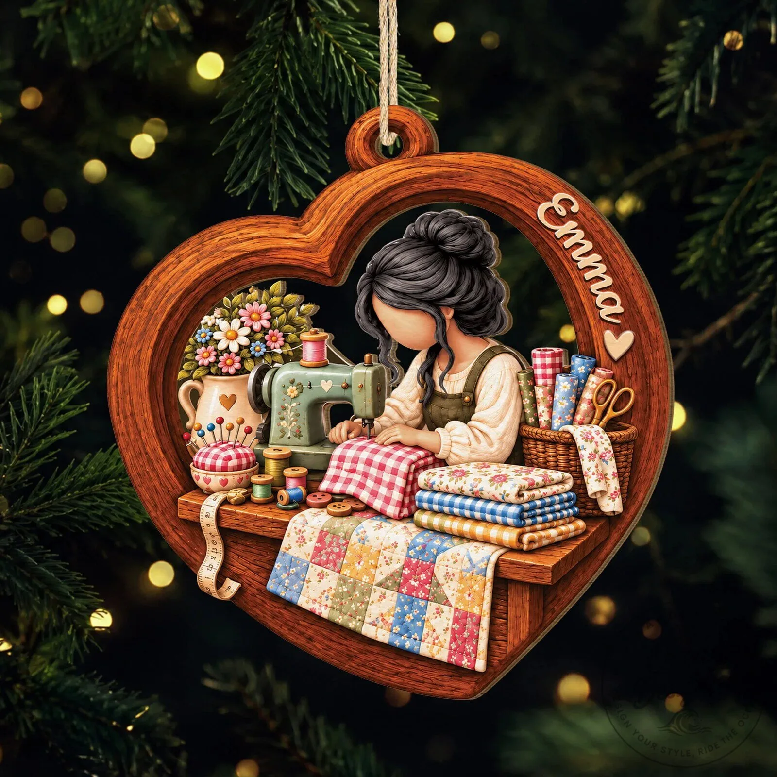 Personalized Sewing Girl Heart Wood Ornament - Custom Gift for Seamstresses