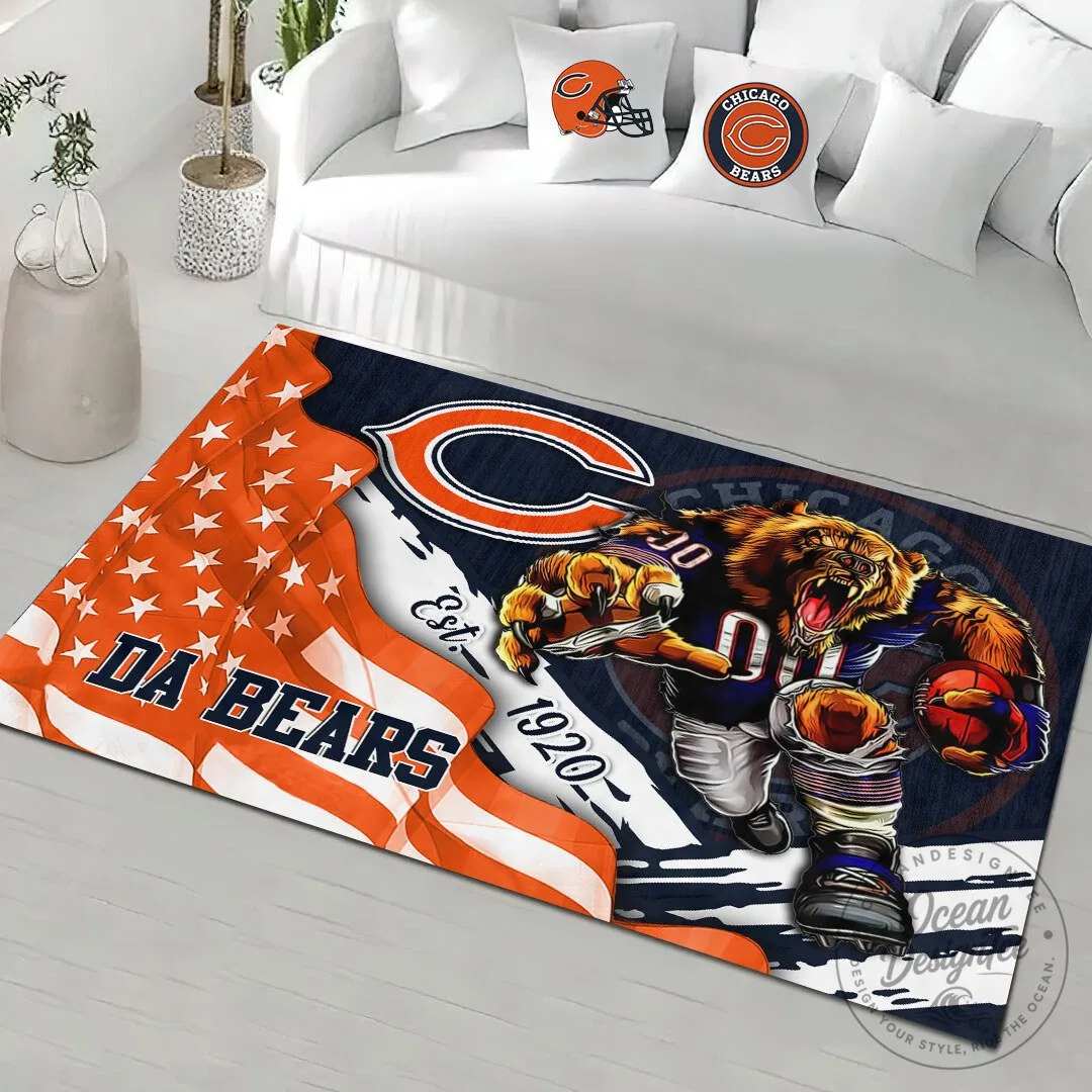 Chicago Bears Football Team Mascot and Stars Stripes Rectangular Rug