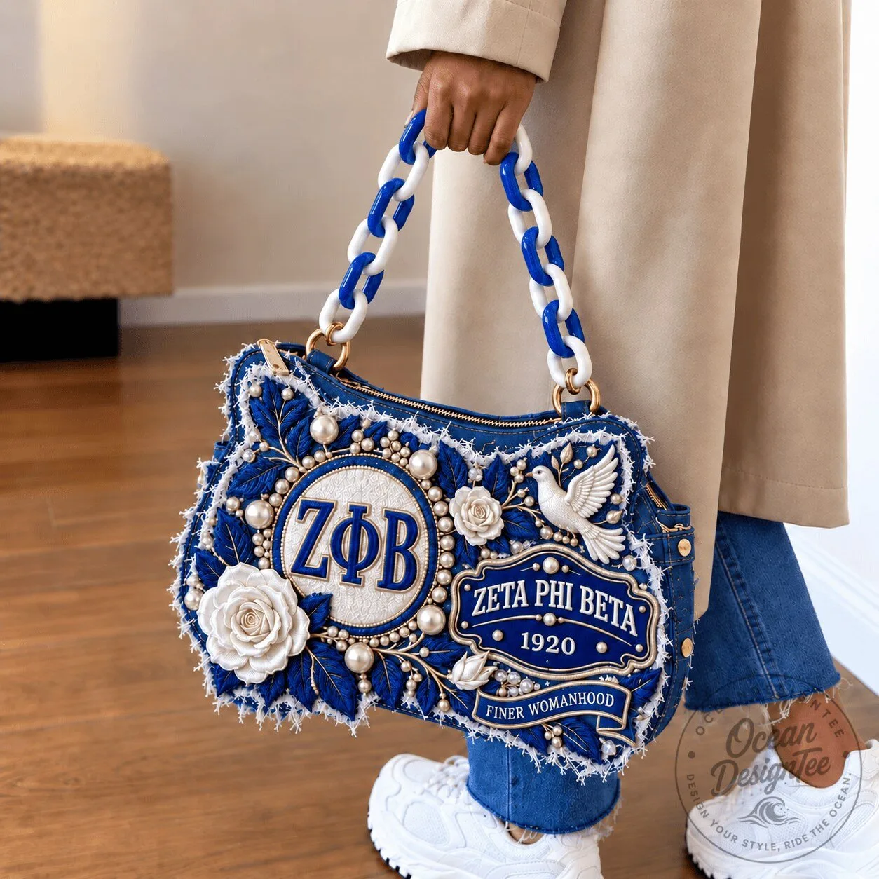 Zeta Phi Beta Finer Womanhood Embroidered Denim Handbag with Chain Strap