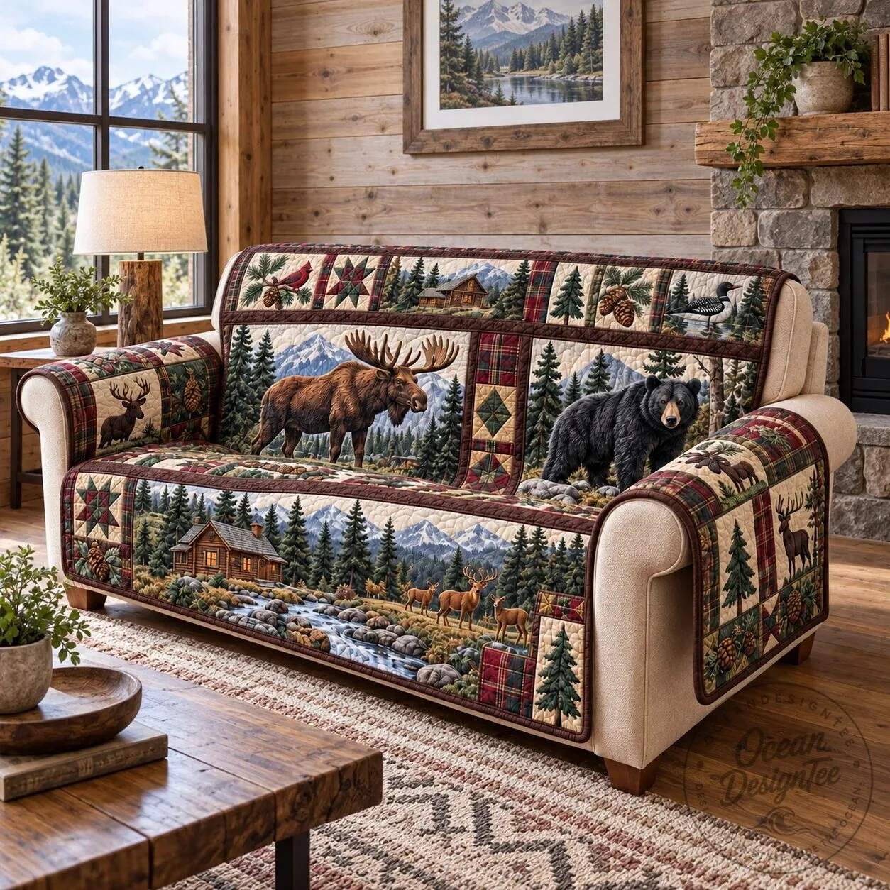 Rustic Mountain Lodge Wildlife Quilted Sofa Cover with Moose and Bear Design