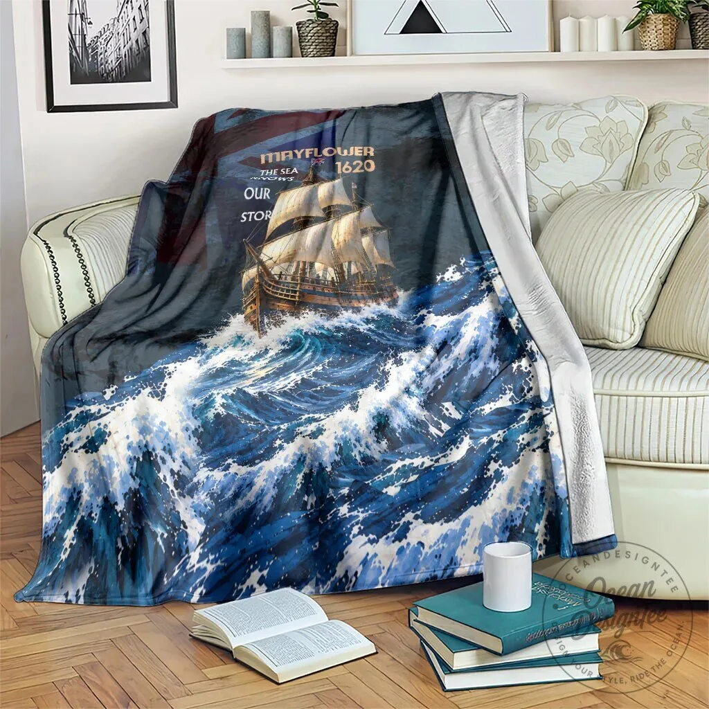 Mayflower 1620 Ship The Sea Is Ours Story Vintage Nautical Ocean Waves Blanket