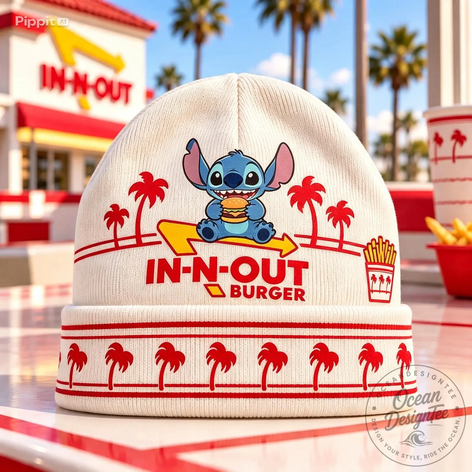 In-N-Out Burger Stitch Eating Burger And Red Palm Beanie Hat