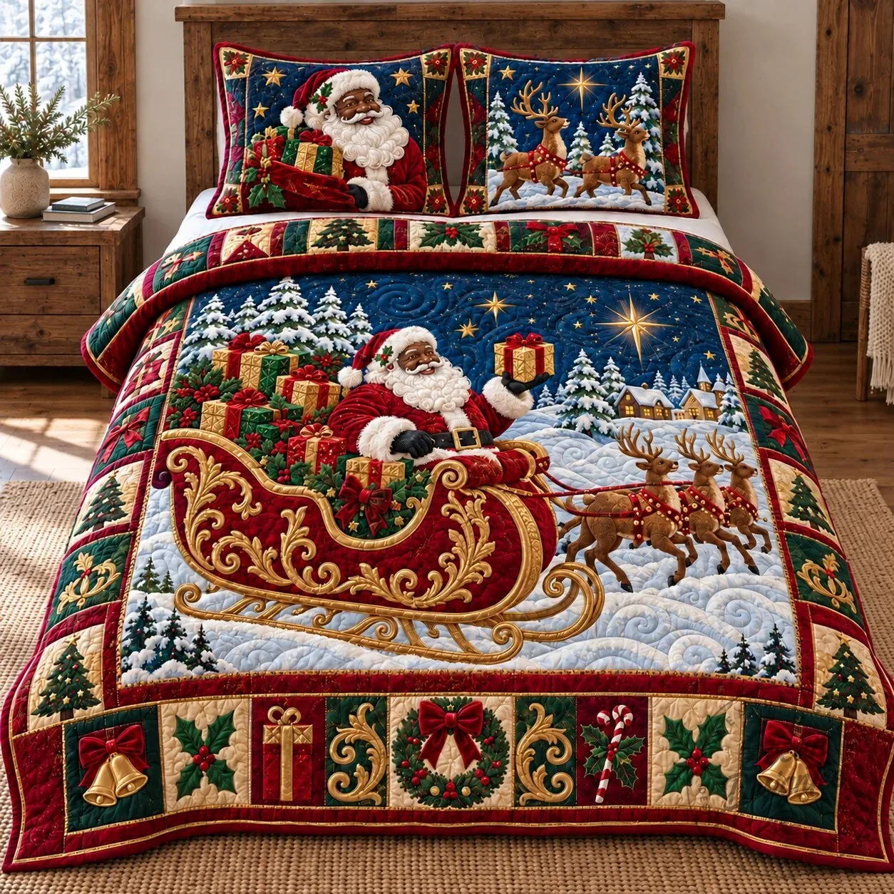 Christmas Holiday Quilted Bedding Set with Santa Claus Sleigh Ride Design