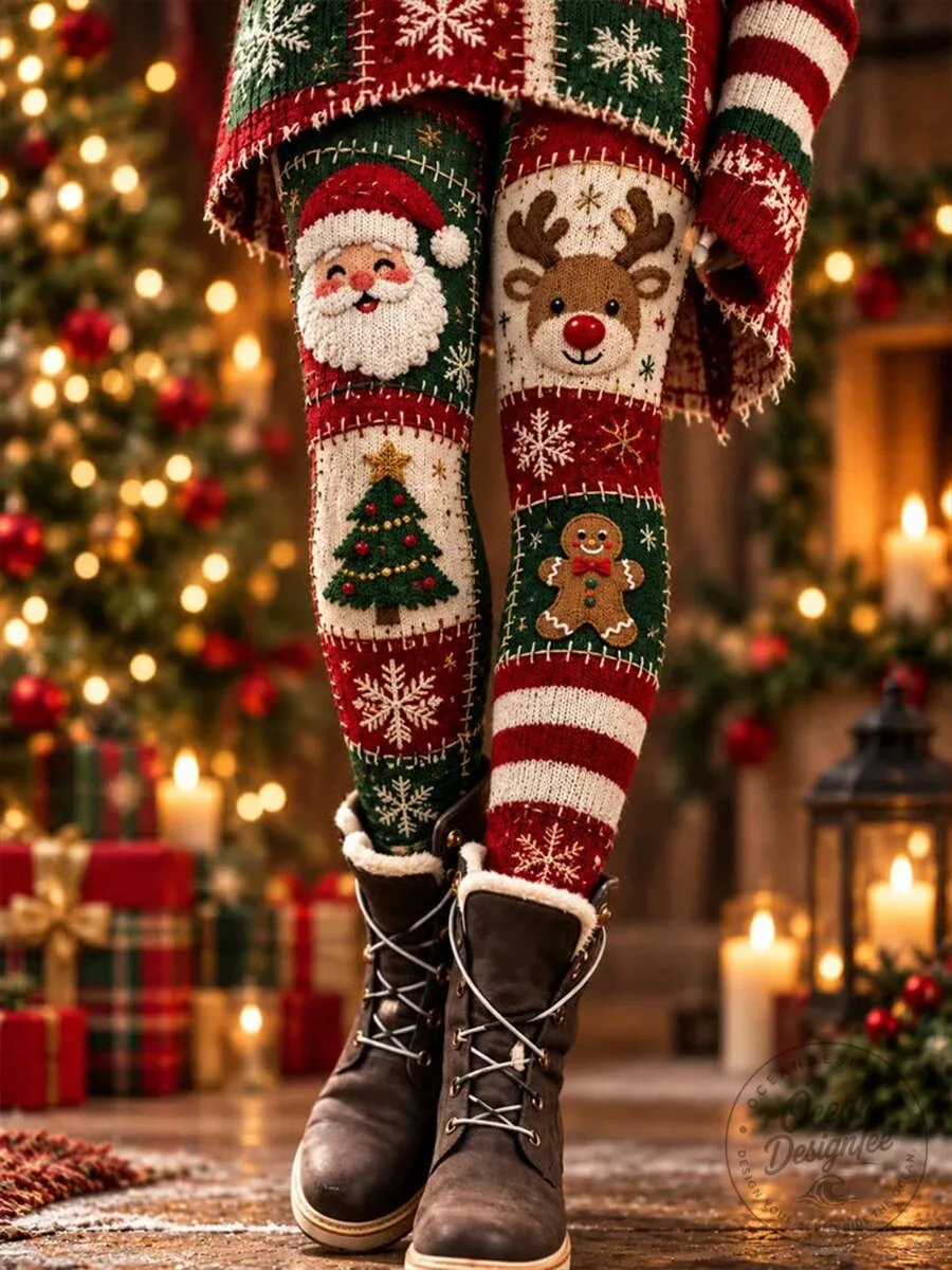 Christmas Santa Reindeer Gingerbread Man Snowflake Print Leggings for Women