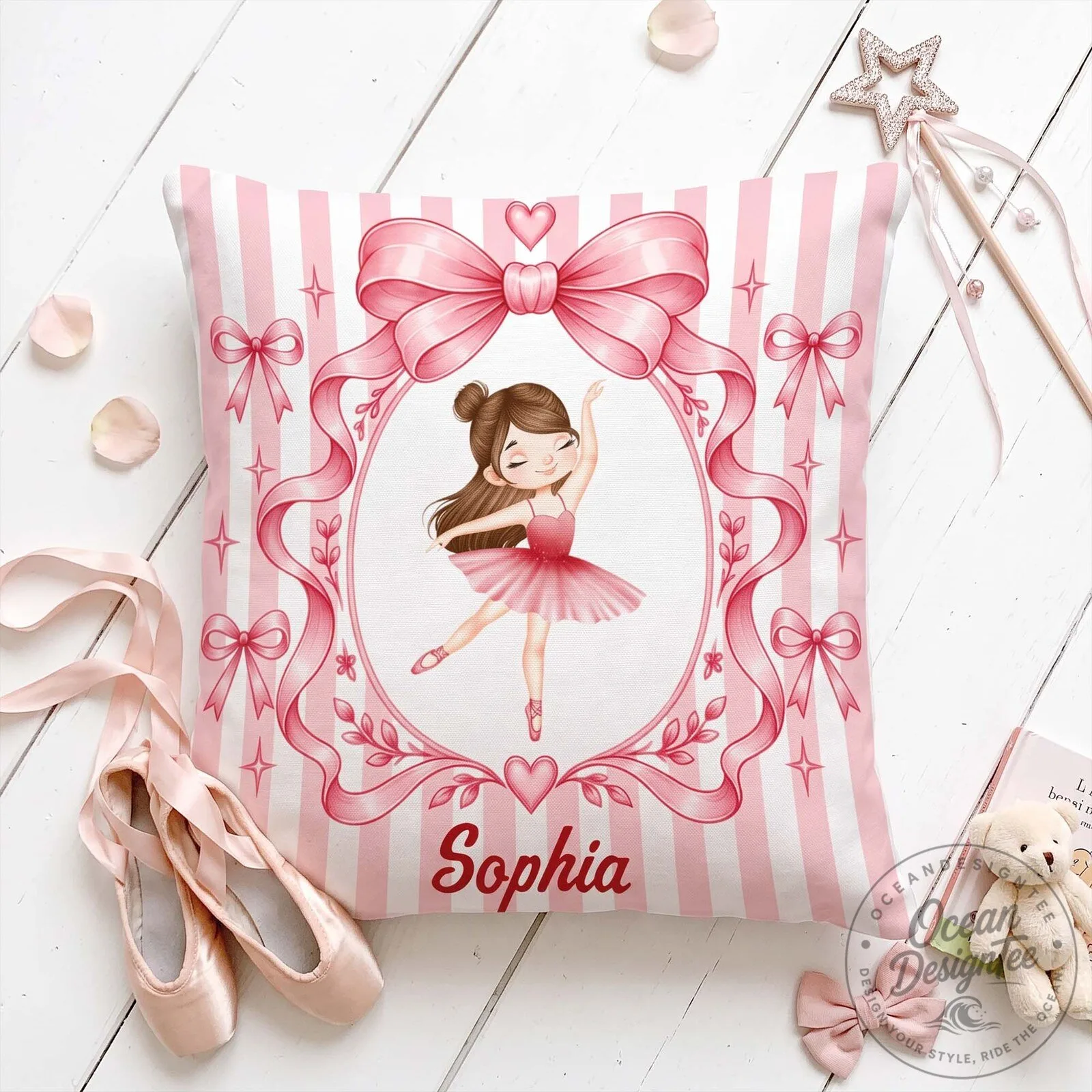 Personalized Ballerina Princess Pink Stripes Decorative Throw Pillow