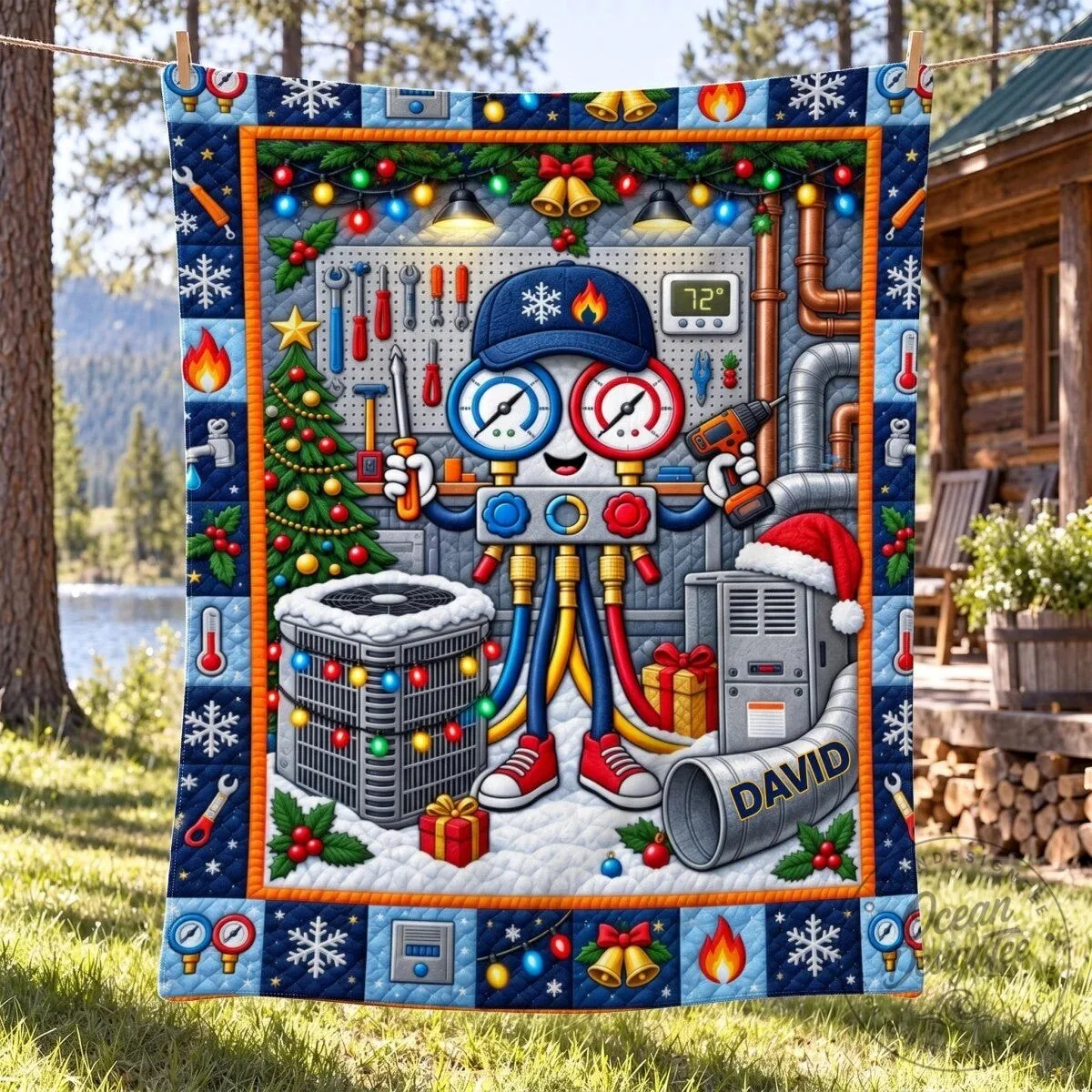 Personalized HVAC Technician Christmas Blanket Custom Name Air Conditioning Heating Professional Gift