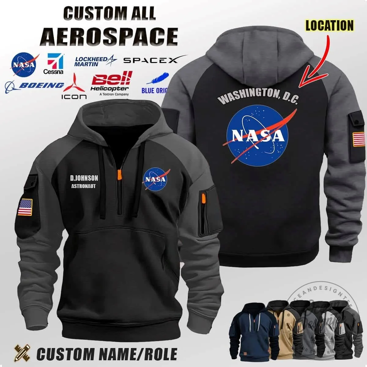 NASA Washington D.C. Astronaut Half-Zip Pullover Hoodie