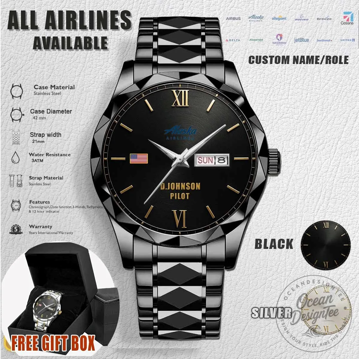 Alaska Airlines Pilot Custom Name Stainless Steel Watch