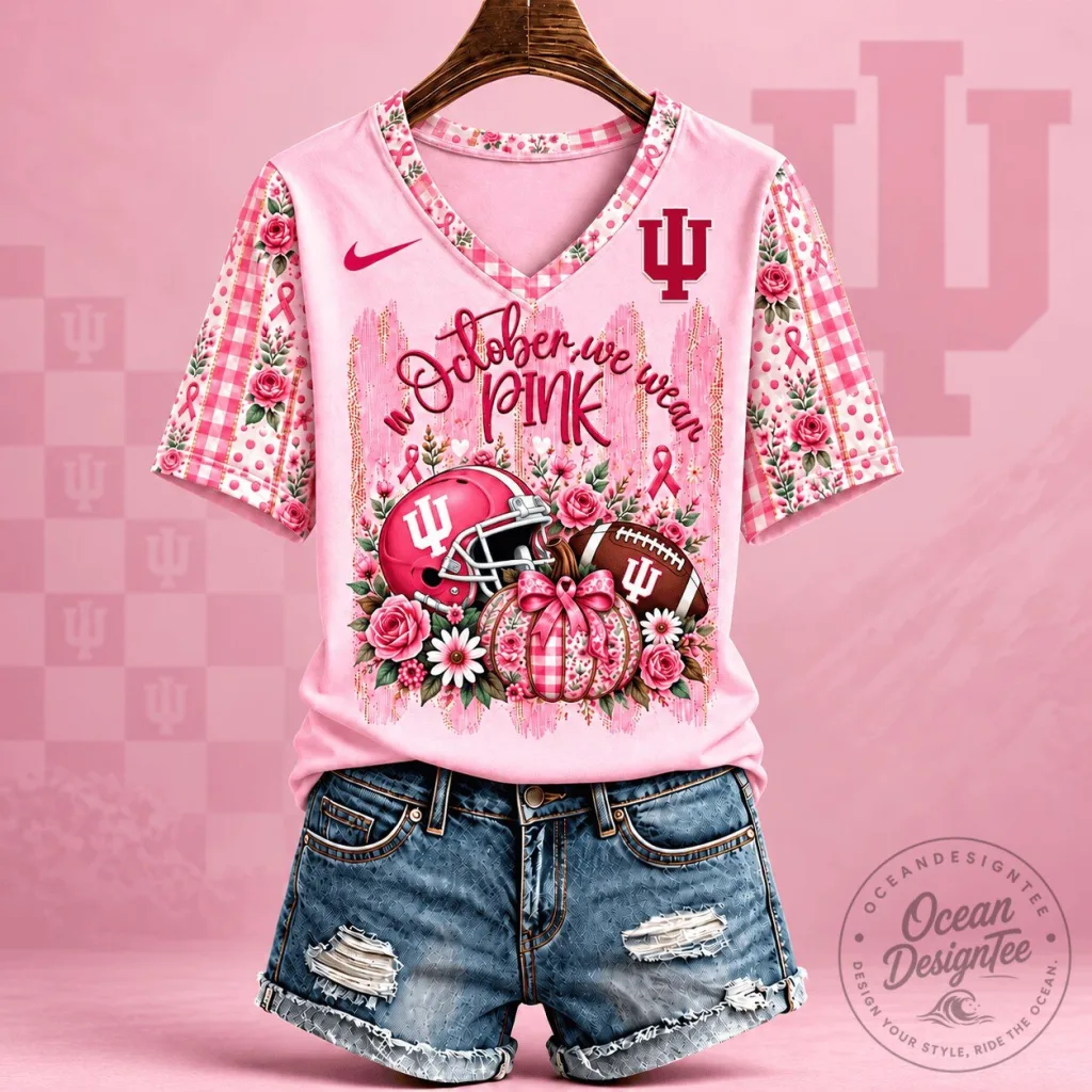 Indiana Hoosiers Football Breast Cancer Awareness Pink Floral T-Shirt Indiana Hoosiers Football Breast Cancer Awareness Pink Floral T-Shirt