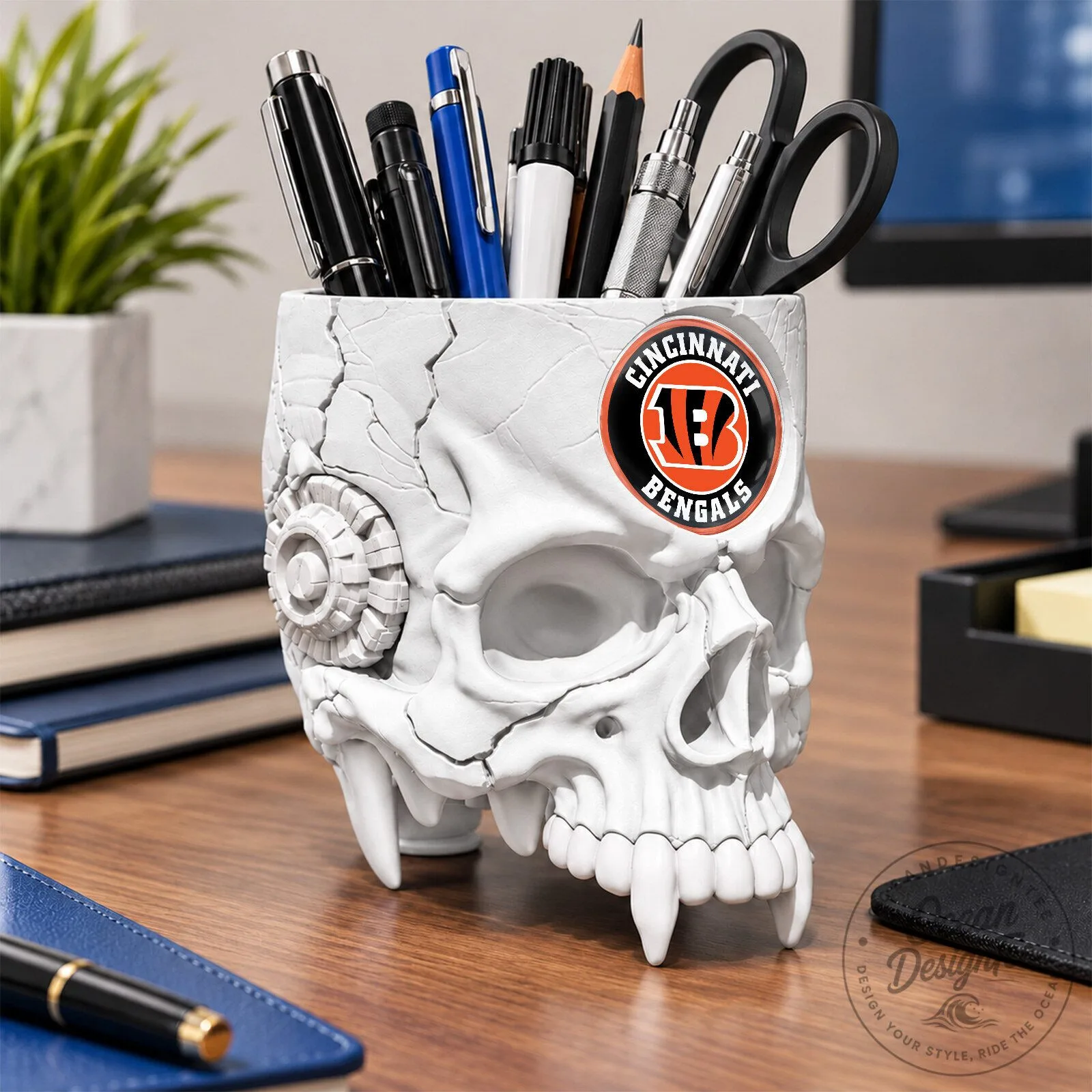 Cincinnati Bengals Football Team Skull Pen Holder Office Organizer