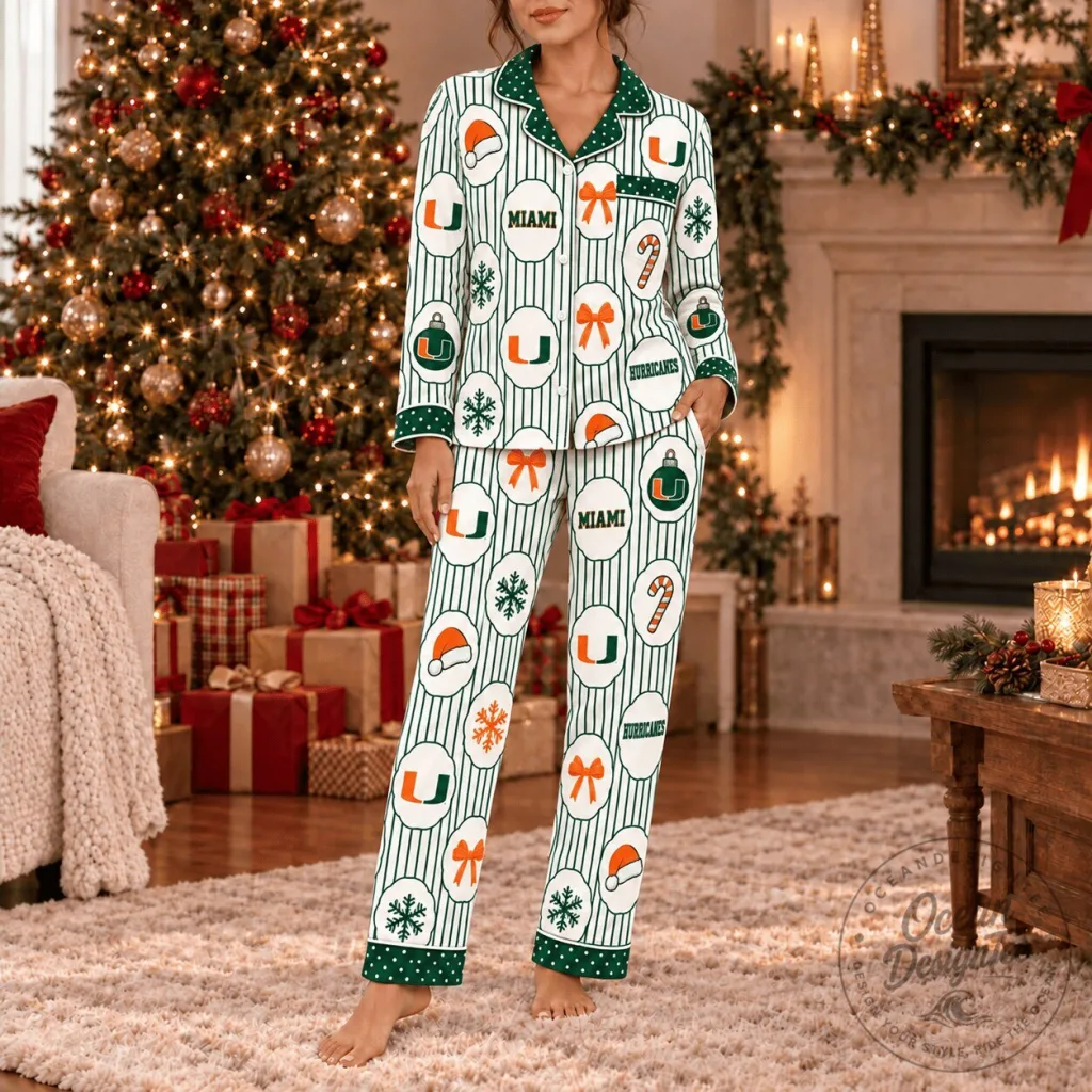 Miami Hurricanes Christmas Holiday Button Up Long Sleeve Pajamas Set Miami Hurricanes Christmas Holiday Button Up Long Sleeve Pajamas Set