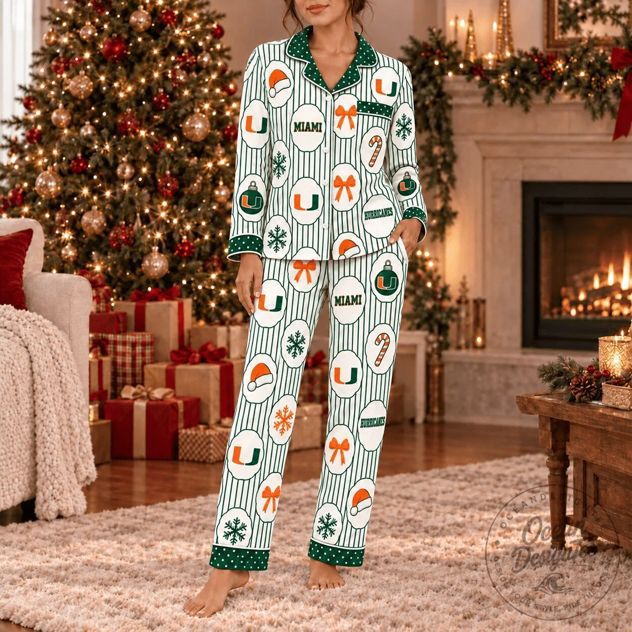 Miami Hurricanes Christmas Holiday Button Up Long Sleeve Pajamas Set 2 Miami Hurricanes Christmas Holiday Button Up Long Sleeve Pajamas Set