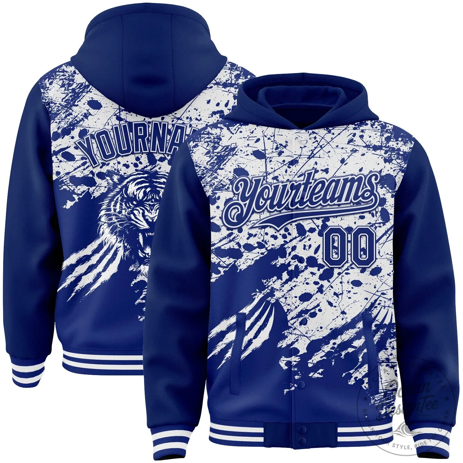 Royal Blue and White Tiger Claw Scratch Paint Splatter Varsity Hoodie Jacket