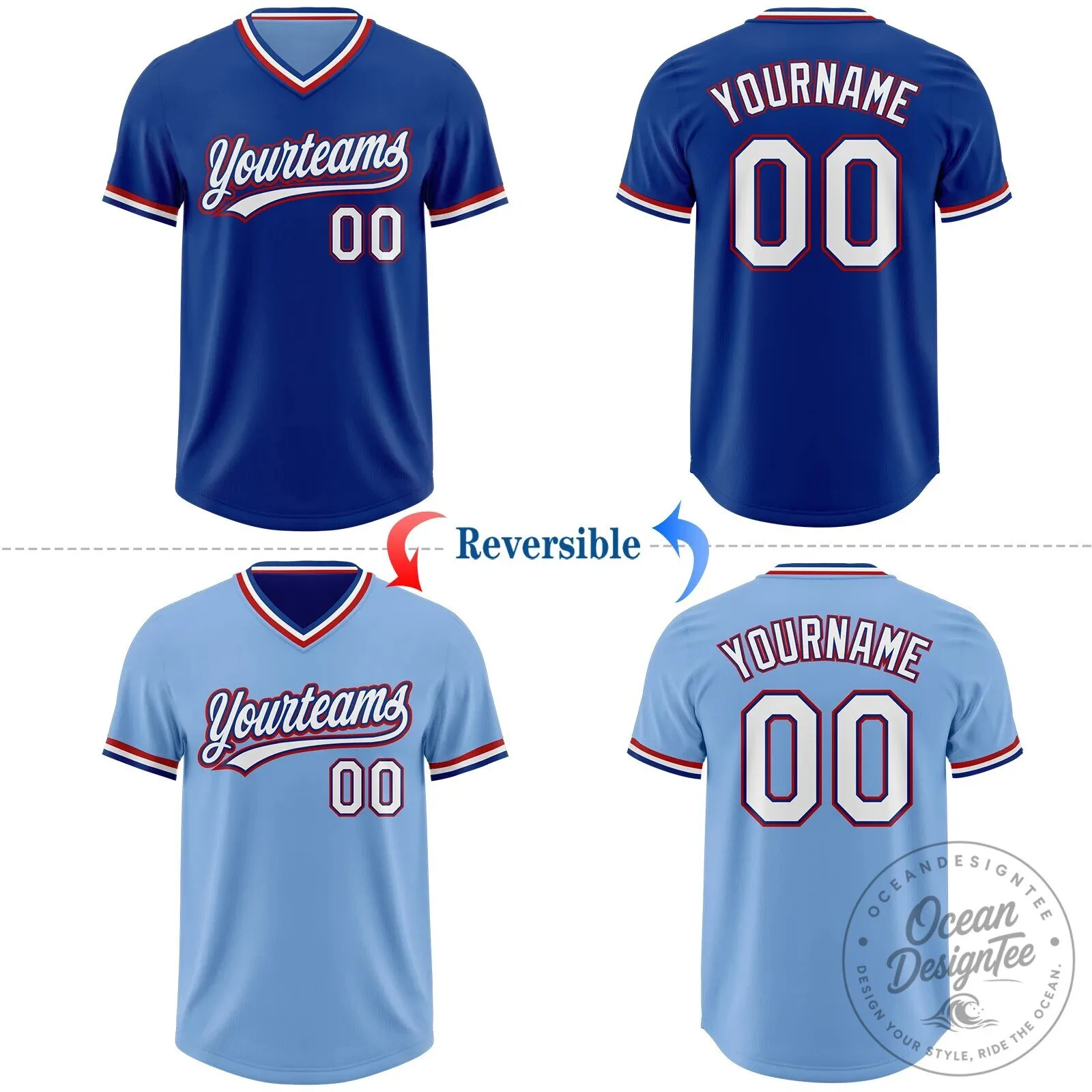 Reversible Baseball Jersey in Custom Royal Blue and Light Blue Pullover Design 12 Reversible Baseball Jersey in Custom Royal Blue and Light Blue Pullover Design