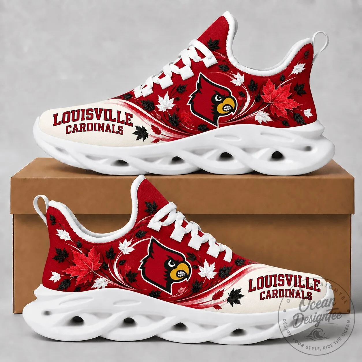 Louisville Cardinals Fall Maple Leaves Patterned Athletic Sneakers
