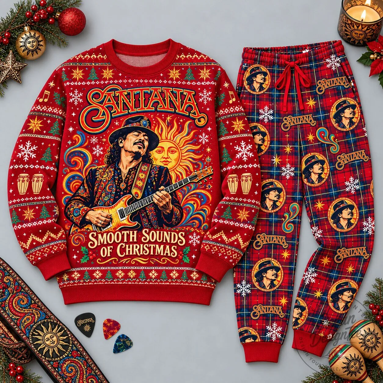Santana Smooth Sounds of Christmas Festive Red Holiday Sweatshirt and Pants Set