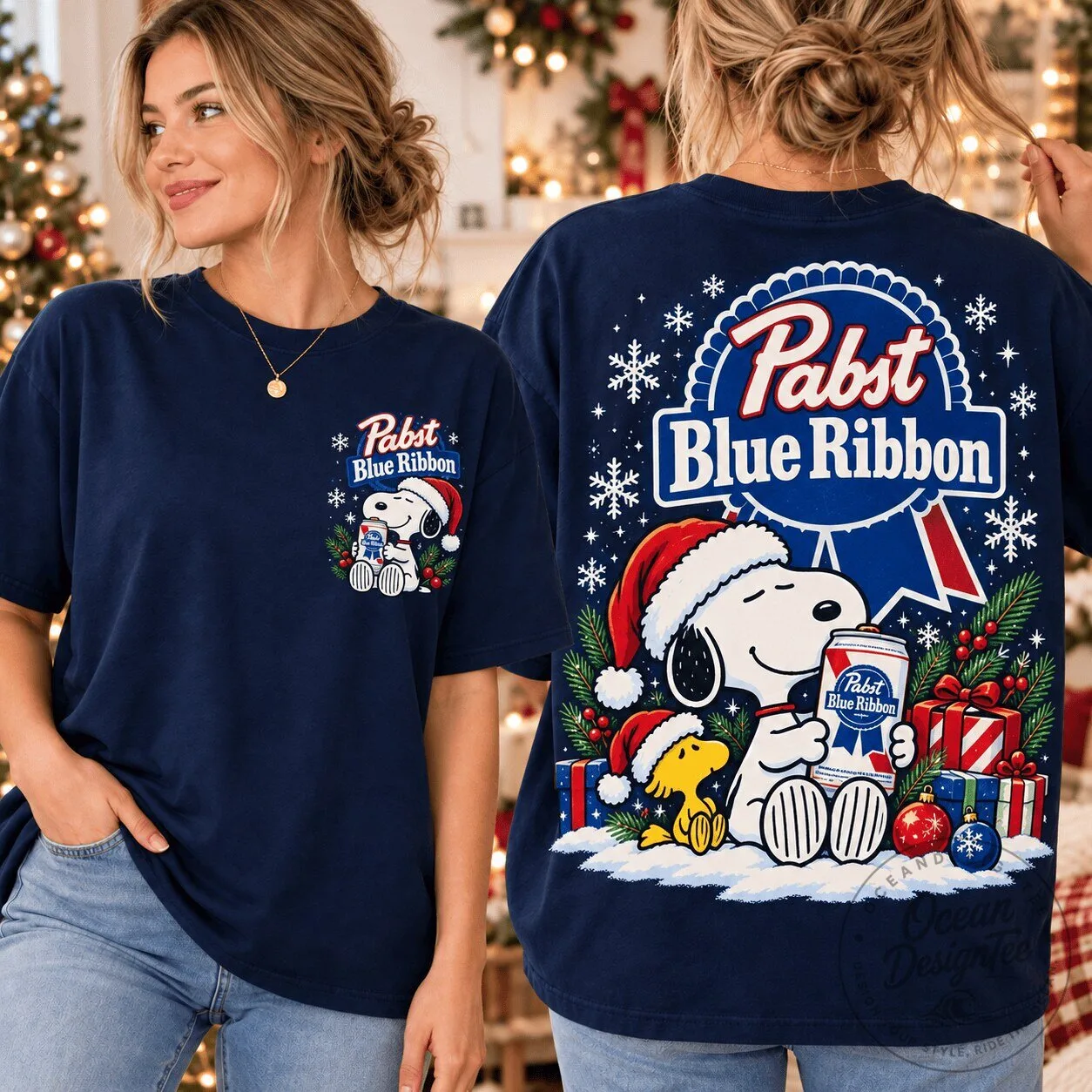 Pabst Blue Ribbon Snoopy Christmas Holiday Beer Graphic T-Shirt