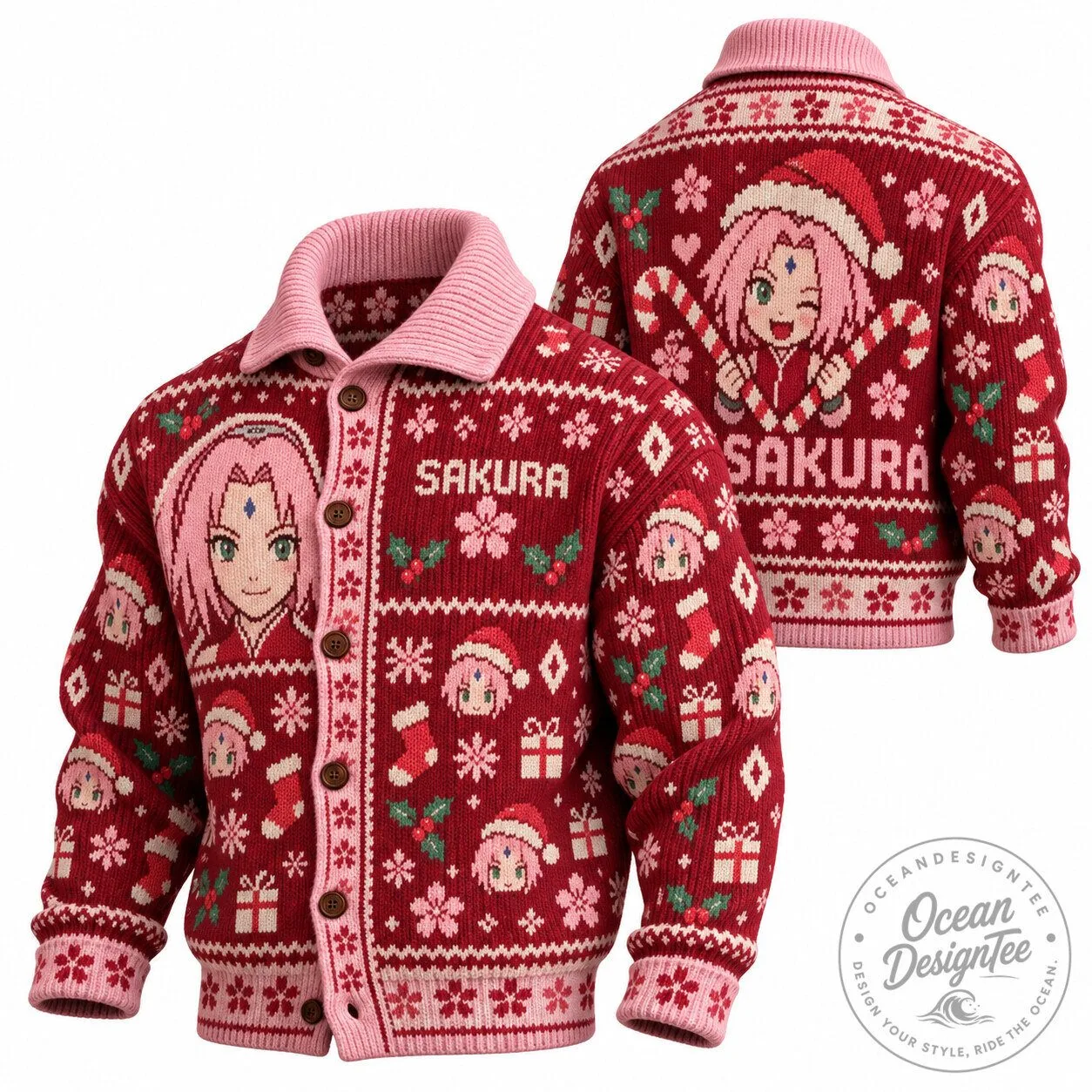 Sakura Haruno Christmas Anime Ugly Sweater Knitted Cardigan