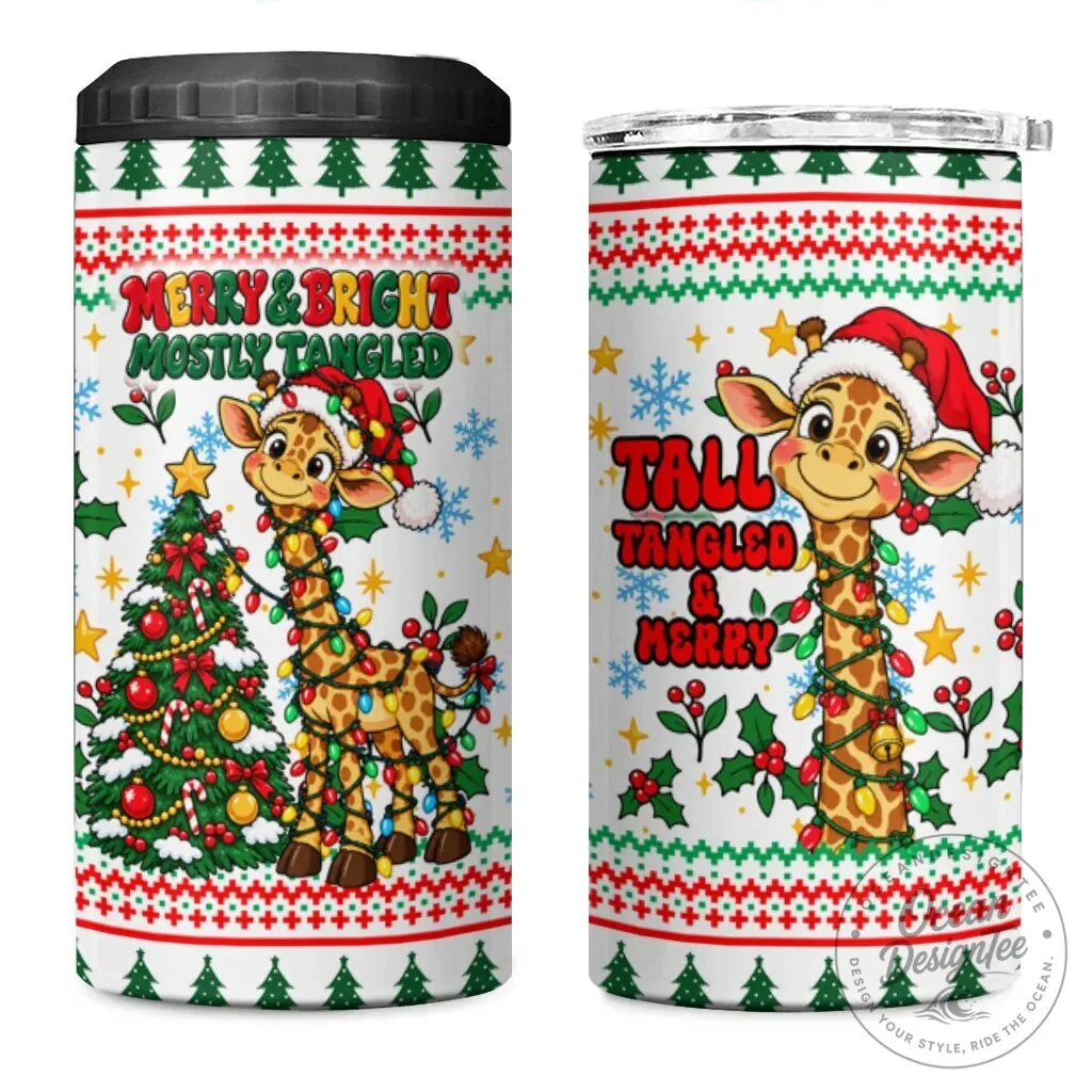 Cute Christmas Giraffe Lights Can Cooler Tumbler Tall Tangled Merry Holiday
