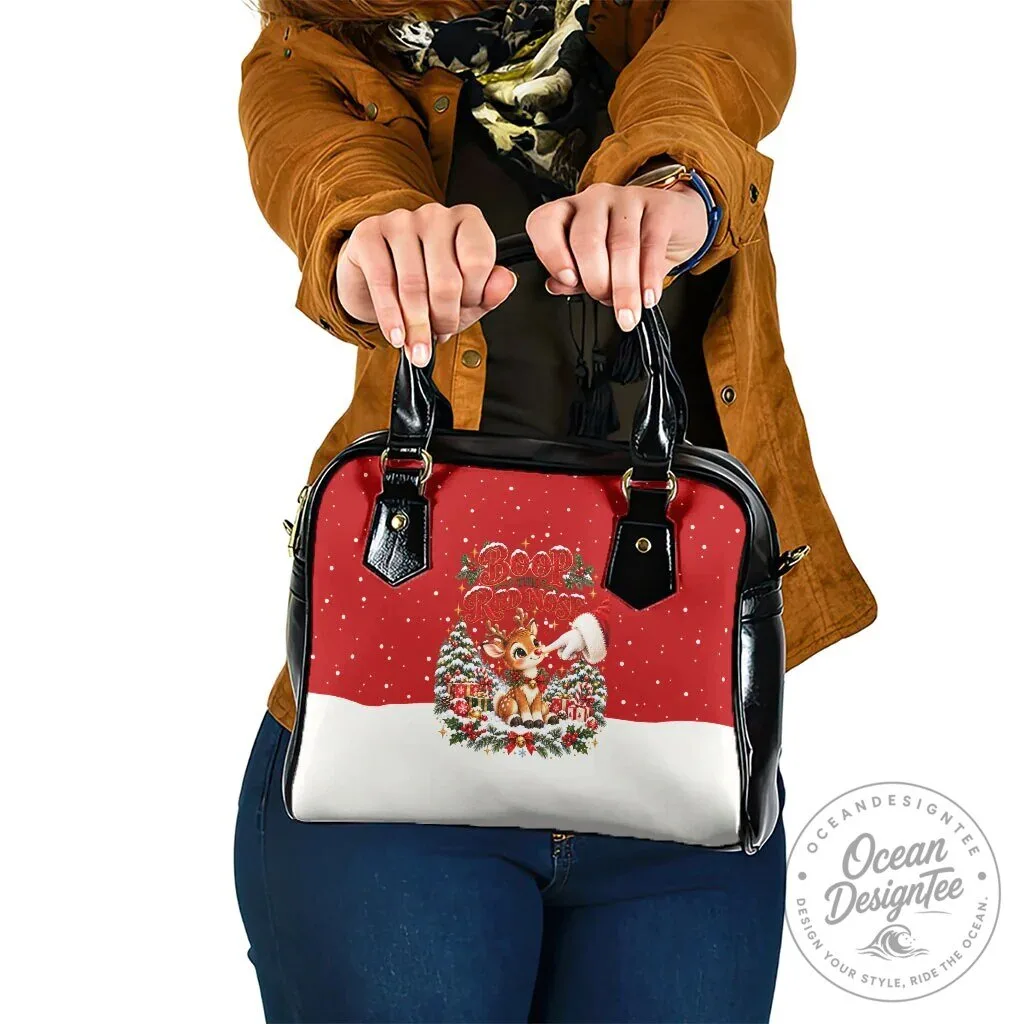 Cute Reindeer Boop Christmas Shoulder Handbag with Red Nose Festive Winter Snow Design