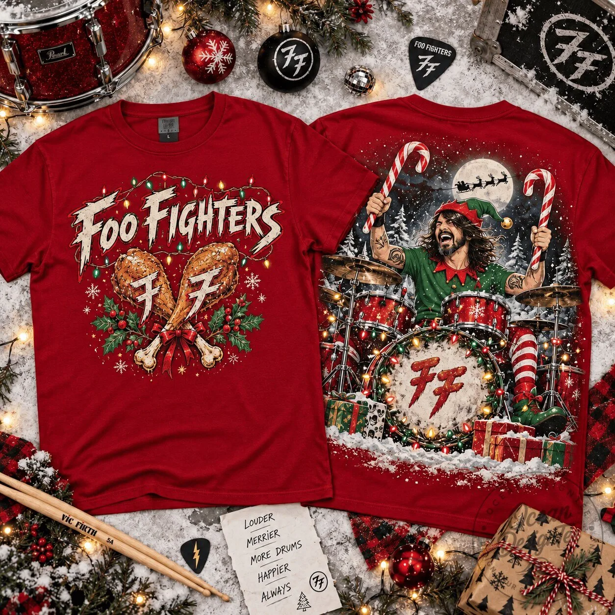 Foo Fighters Christmas Drum Party Dave Grohl Elf Holiday T-Shirt 5 Foo Fighters Christmas Drum Party Dave Grohl Elf Holiday T-Shirt