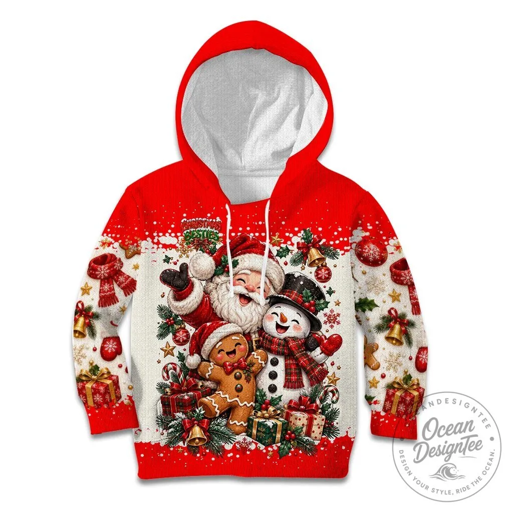 Santa Claus Snowman Gingerbread Man Christmas Kids Hoodie Festive Character