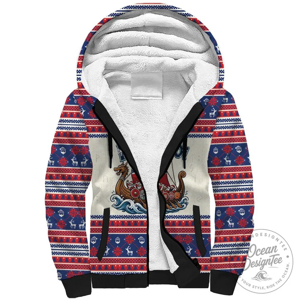 Norge Christmas Sherpa Lined Viking Santa Claus Winter Full-Zip Hoodie