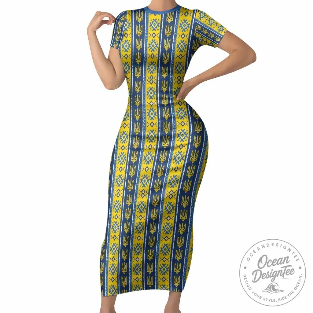 Ukraine Trident Pattern Short Sleeve Bodycon Dress 5 Ukraine Trident Pattern Short Sleeve Bodycon Dress