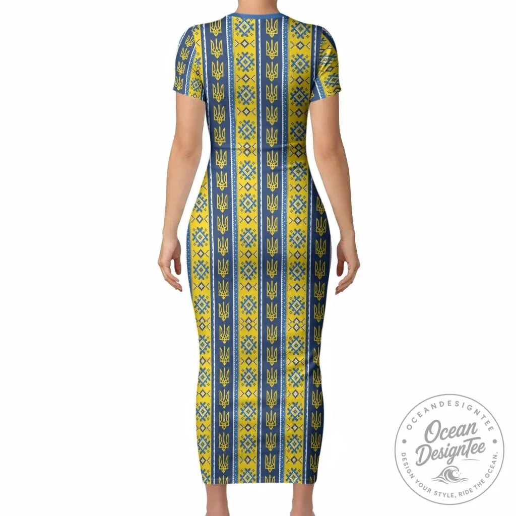 Ukraine Trident Pattern Short Sleeve Bodycon Dress 6 Ukraine Trident Pattern Short Sleeve Bodycon Dress