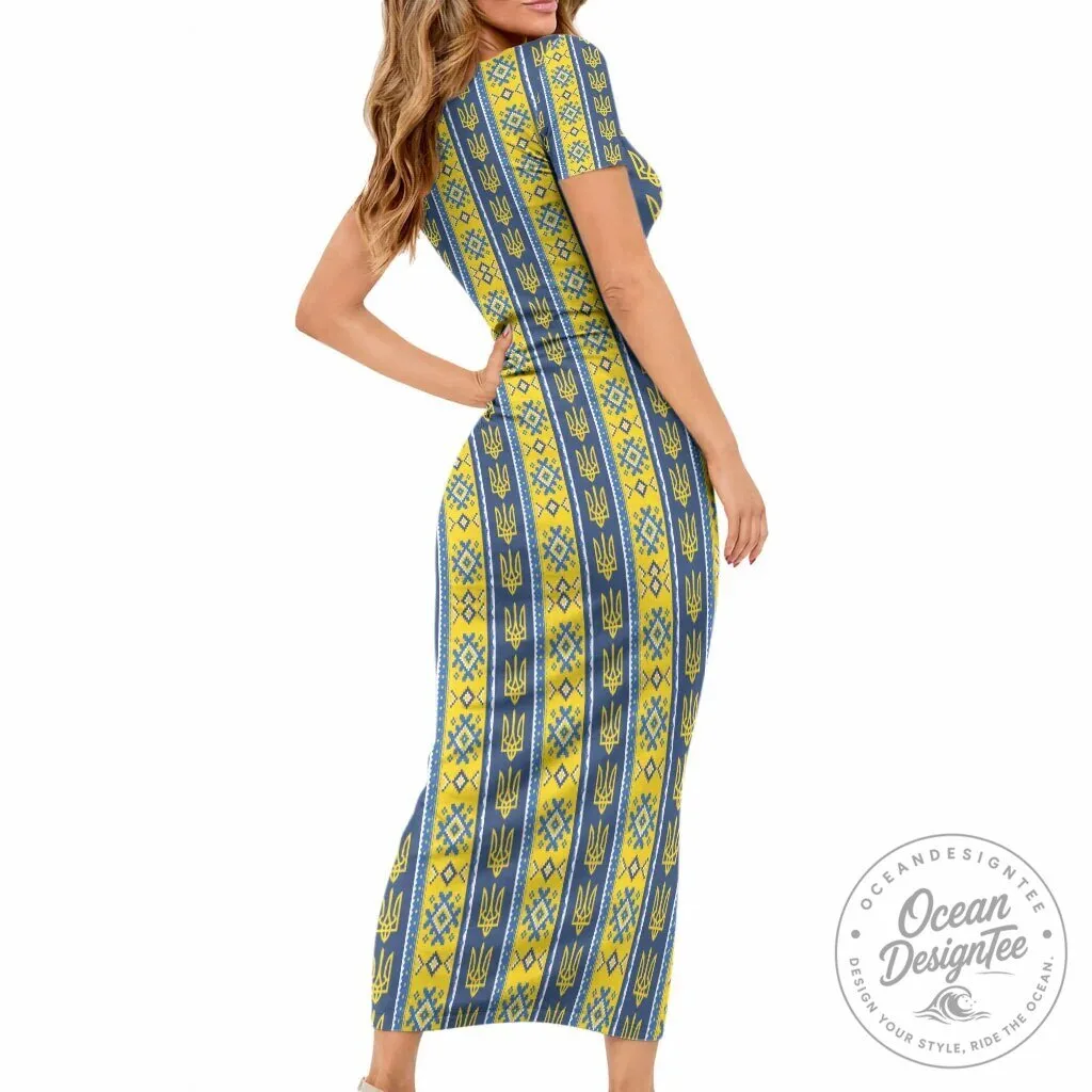 Ukraine Trident Pattern Short Sleeve Bodycon Dress 7 Ukraine Trident Pattern Short Sleeve Bodycon Dress