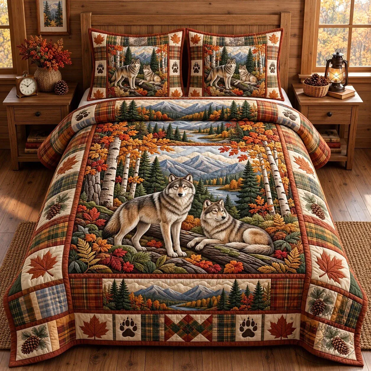 Rustic Wolf Autumn Forest Quilted Bedding Set