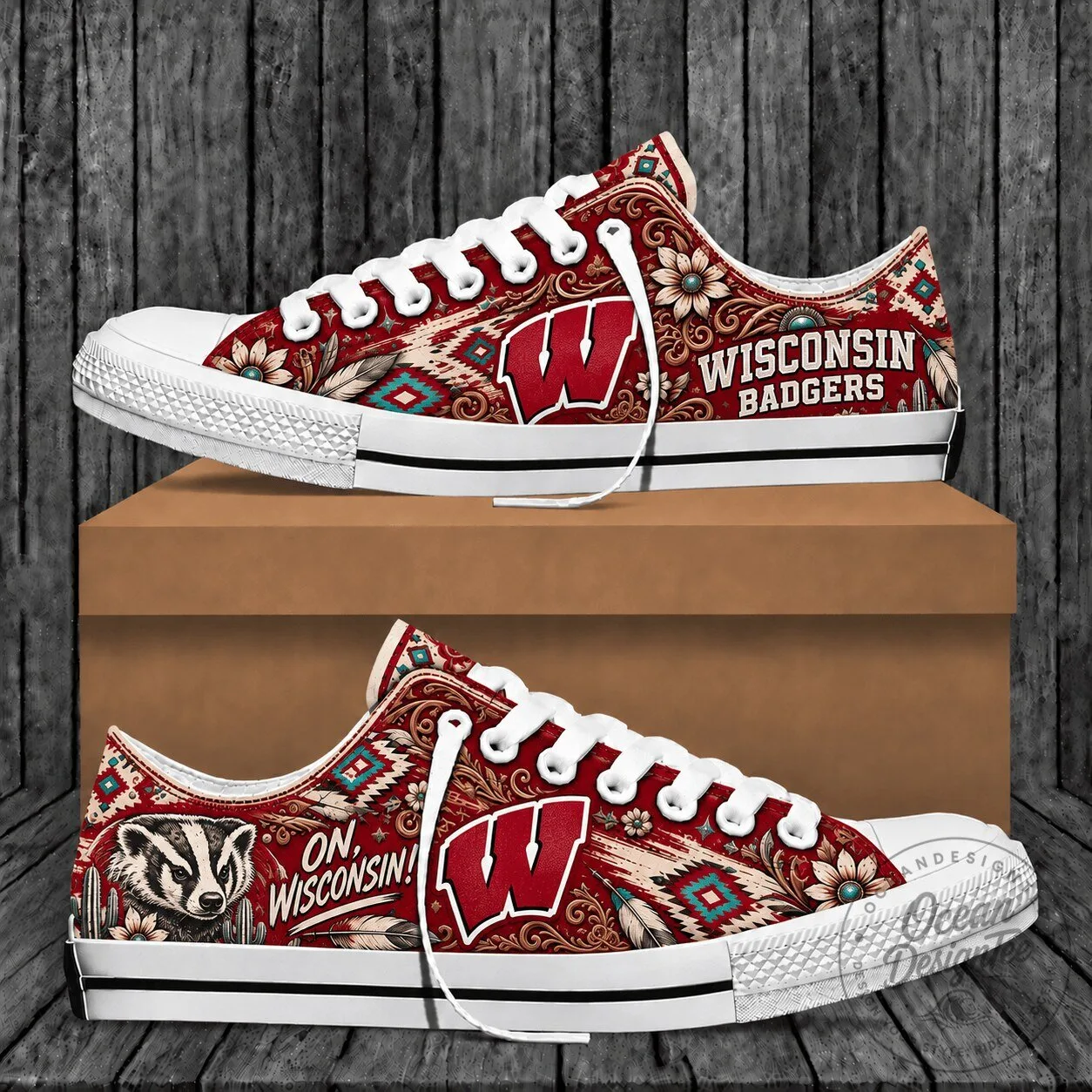 Wisconsin Badgers Western Boho Style Low Top Canvas Shoes