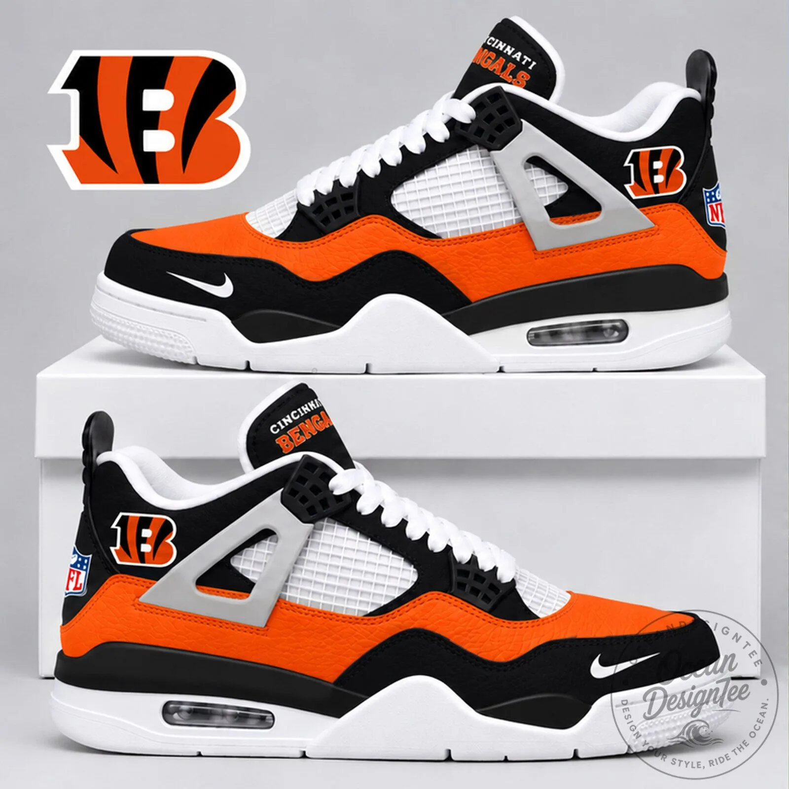 Cincinnati Bengals NFL Team Logo Orange and Black Air Jordan 4 Style Shoes