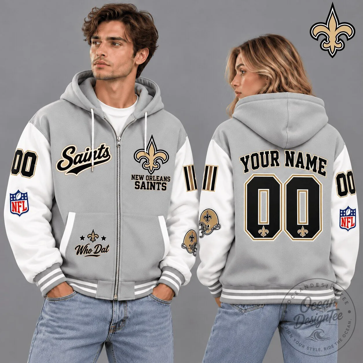 New Orleans Saints Varsity Full-Zip Hoodie - Custom Name and Number NFL Apparel