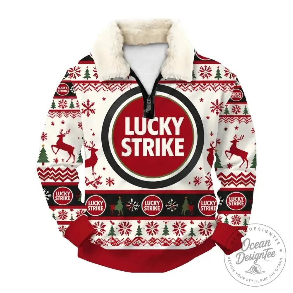 Lucky Strike Cigarettes Christmas Ugly Sweater Quarter Zip Sweatshirt