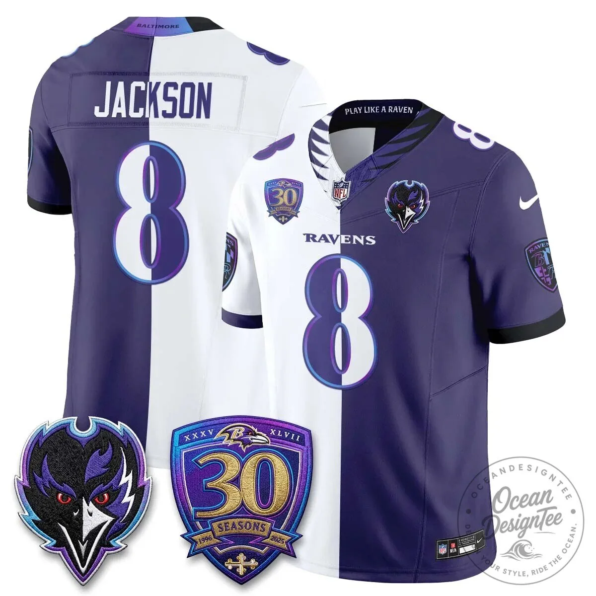 Lamar Jackson Baltimore Ravens Purple White Split Vapor Football Jersey 54 Lamar Jackson Baltimore Ravens Purple White Split Vapor Football Jersey