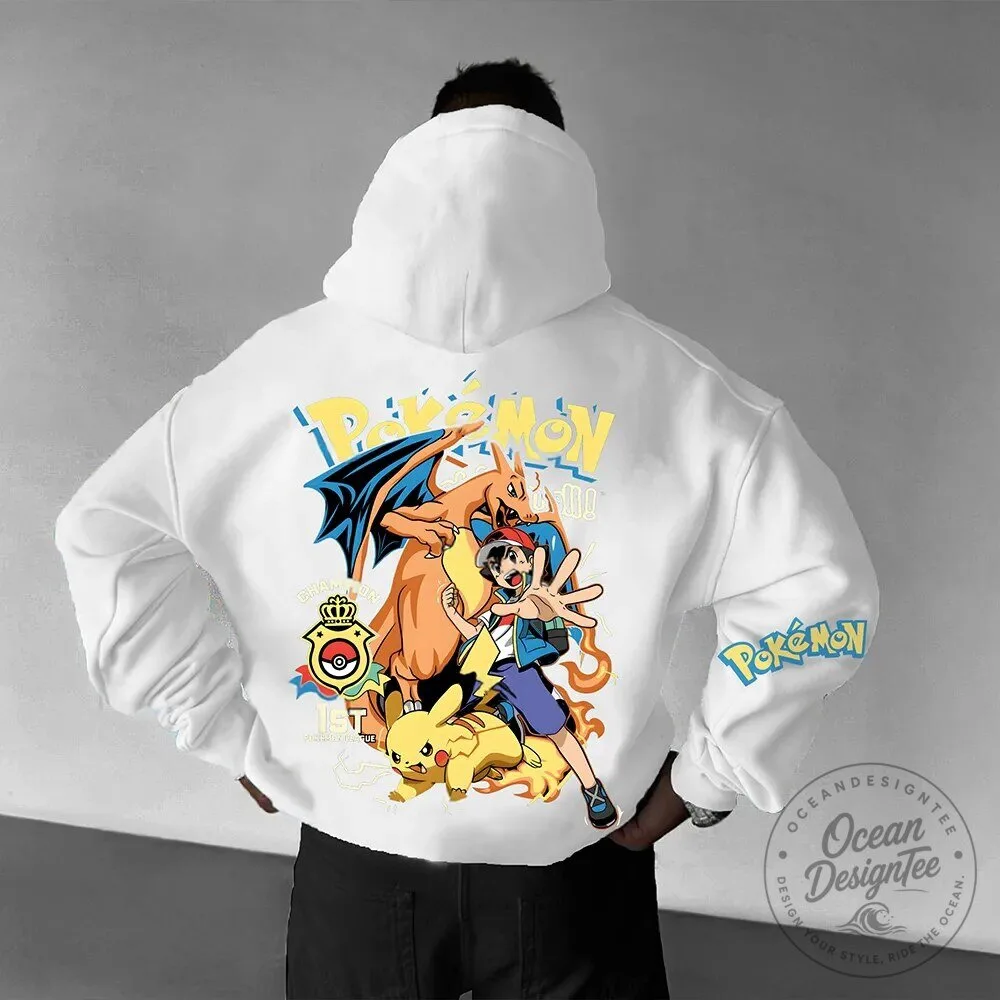 Pokemon Ash Ketchum Pikachu Charizard Graphic White Unisex Hoodie