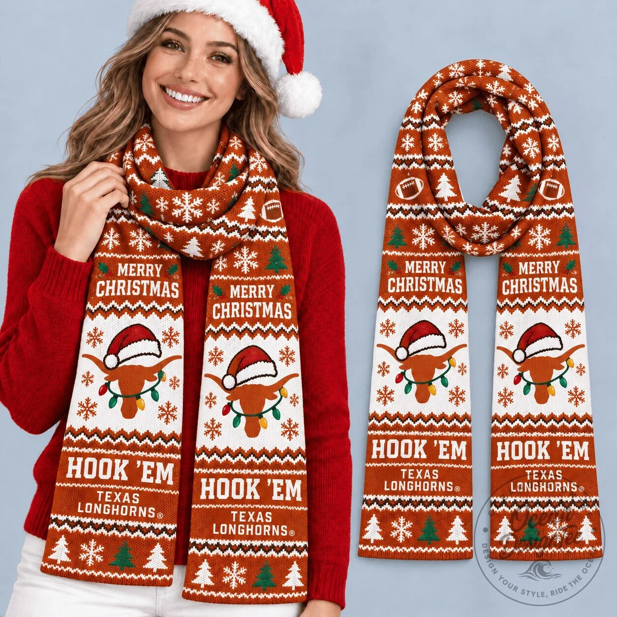 Texas Longhorns Hook 'Em Christmas Holiday Football Knitted Scarf