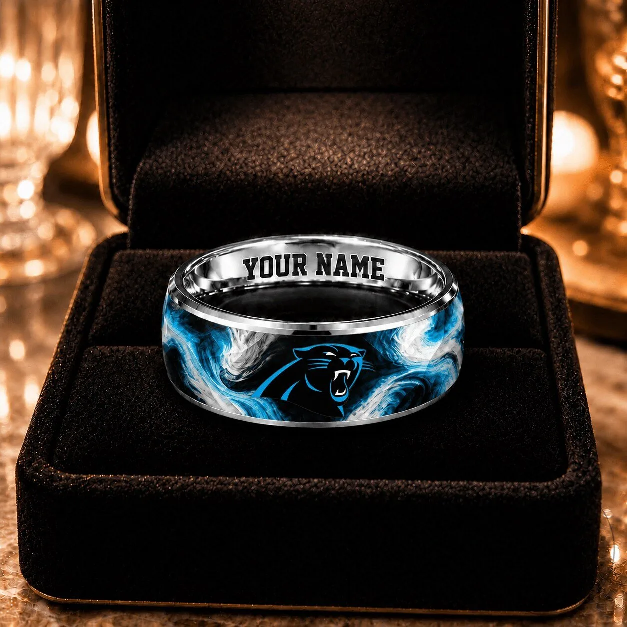 Carolina Panthers NFL Custom Name Blue Swirl Design Stainless Steel Ring