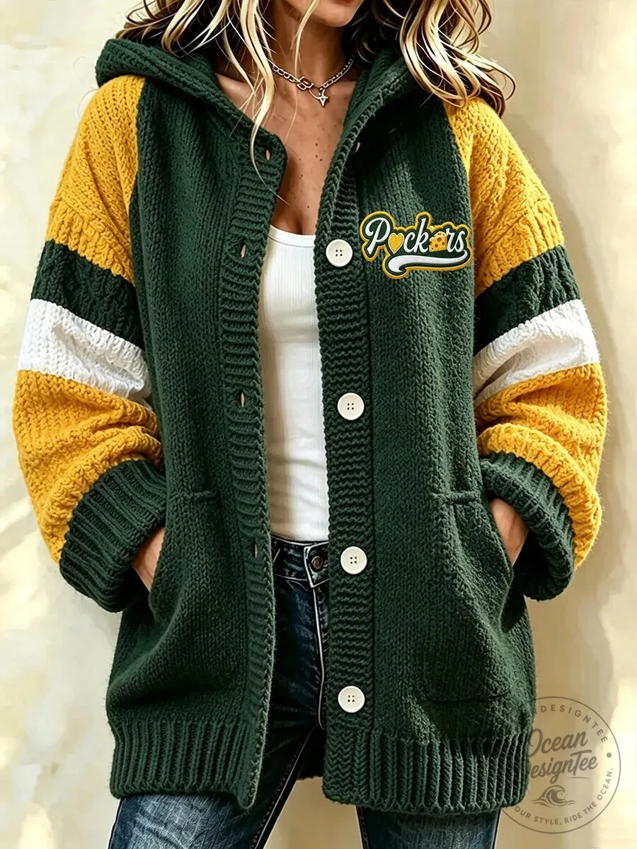 Green Bay Packers Women's Knitted Hooded Cardigan Sweater