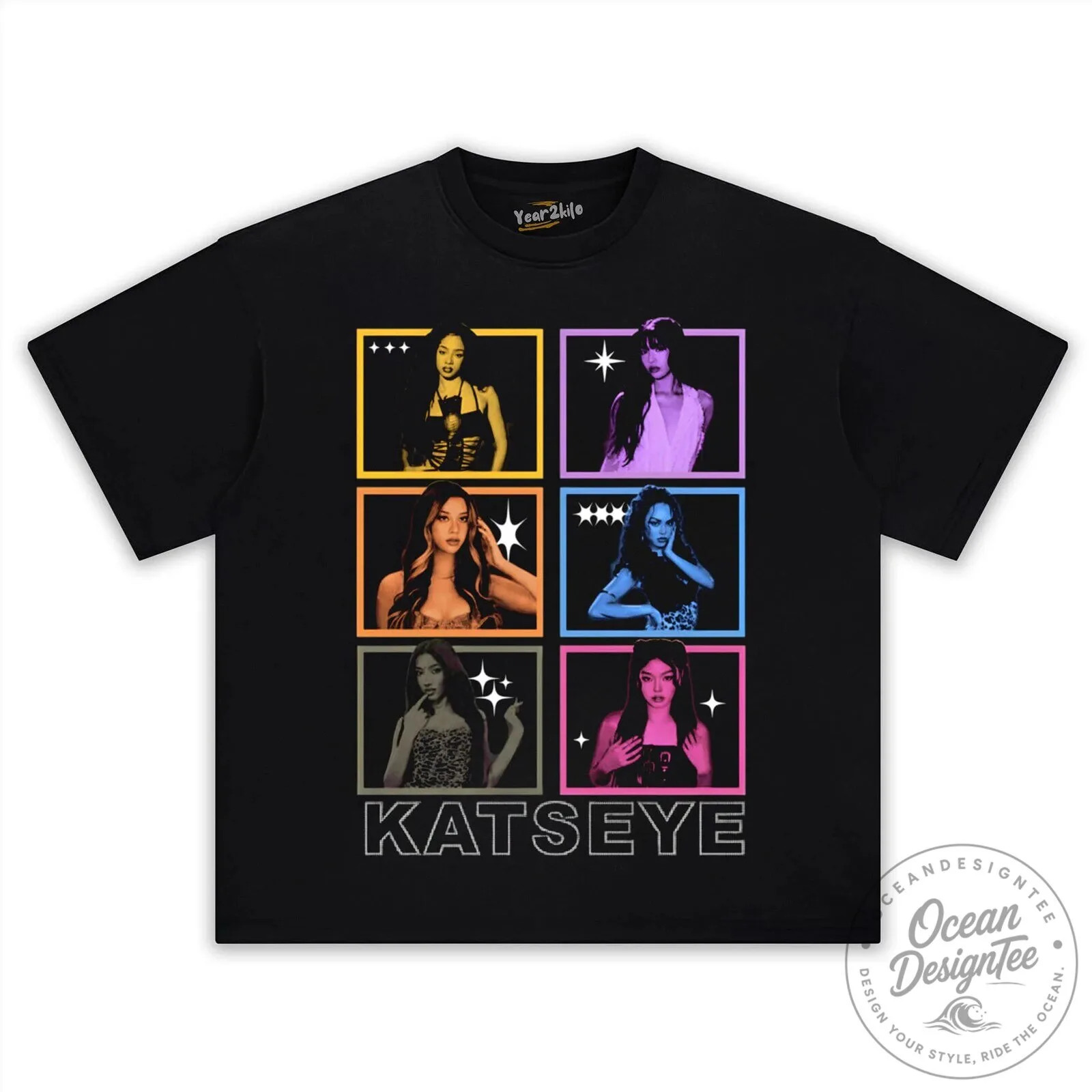 Black T-Shirt featuring a Photo Collage of KATSEYE K-Pop Girl Group Members