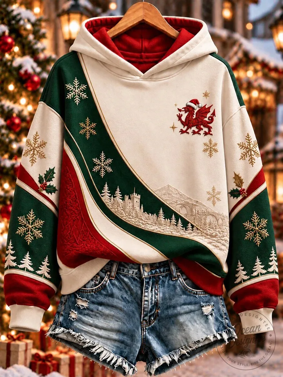 Christmas Welsh Dragon and Castle Winter Wonderland Holiday Hoodie