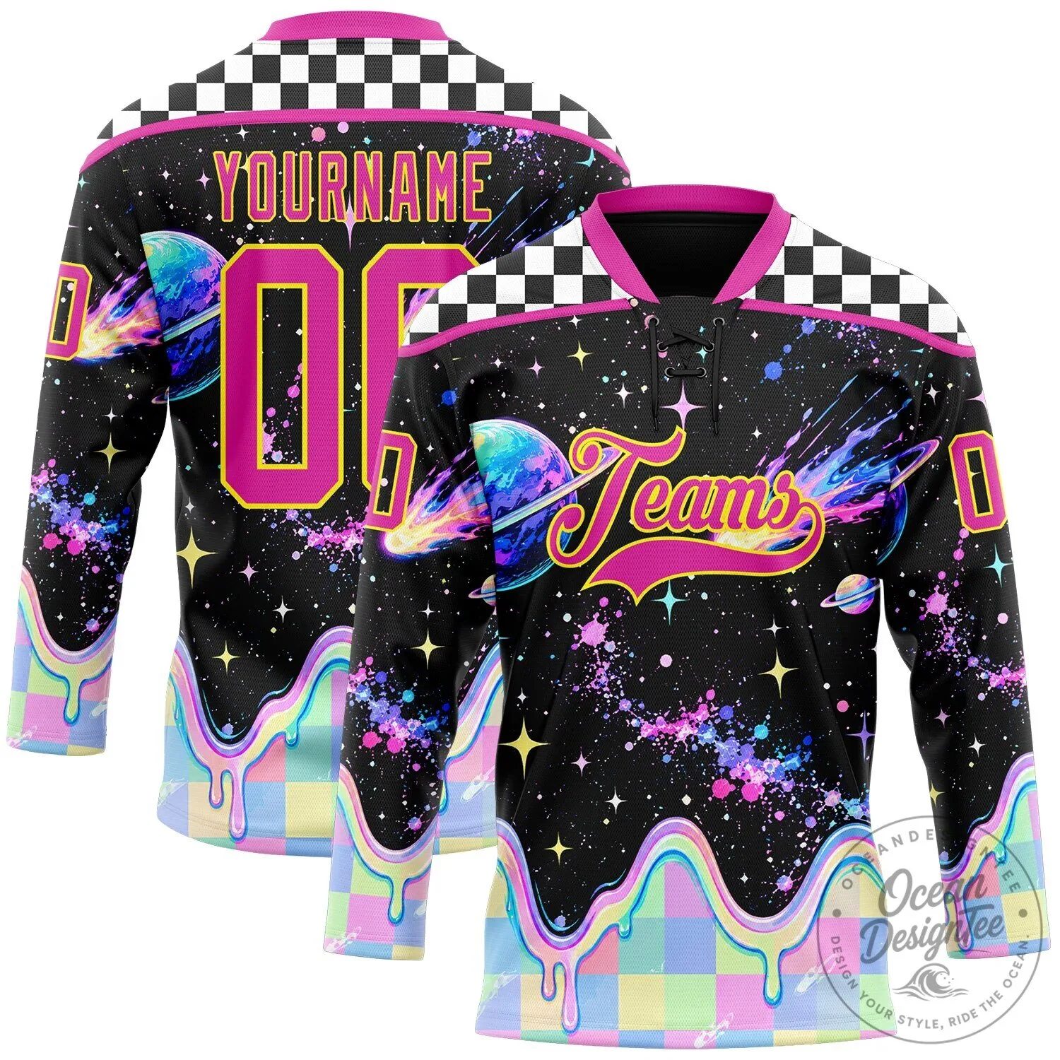 Custom Black Deep Pink Light Yellow Melting Rave Psychedelic Galaxy Hockey Jersey