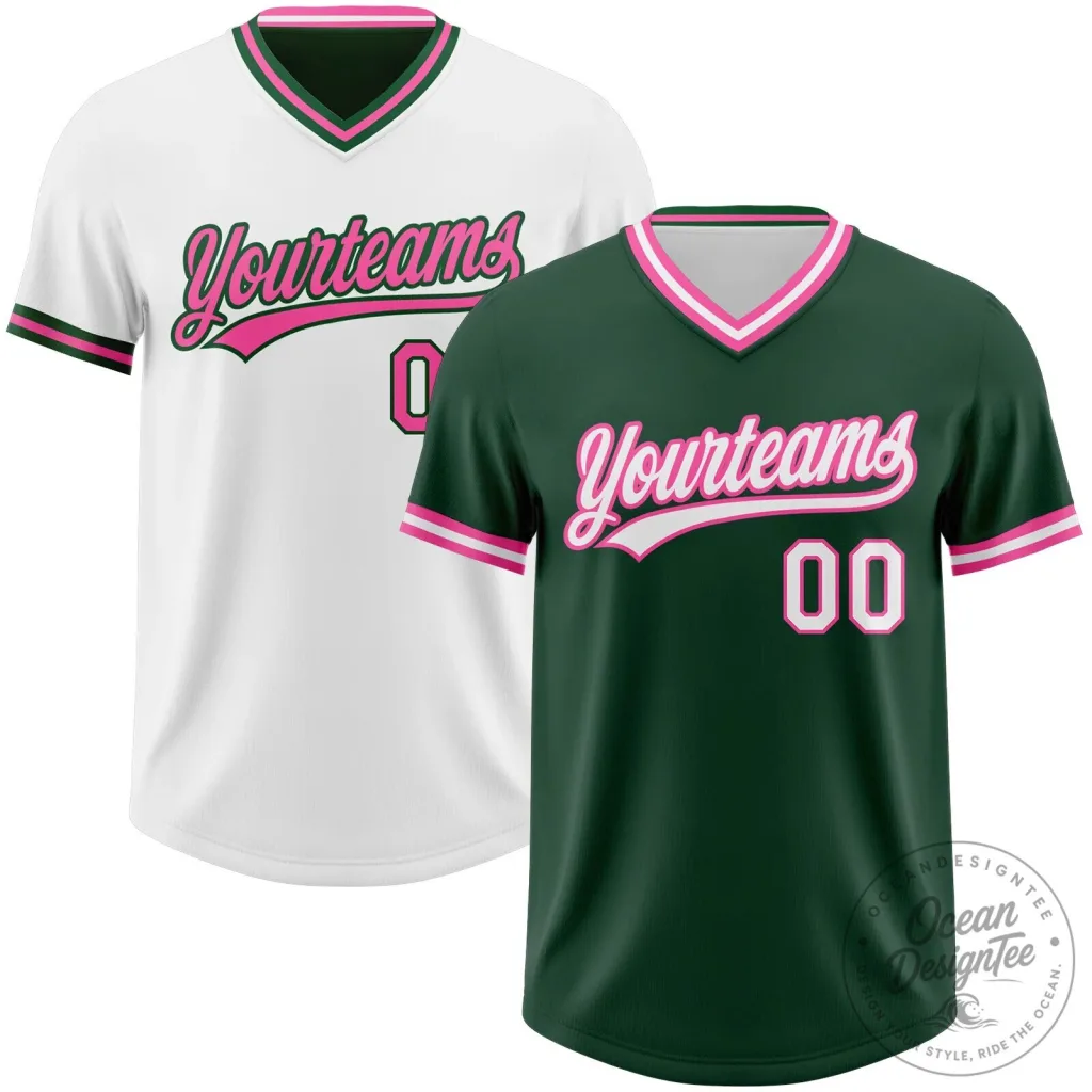 Custom Green Pink White Reversible V-Neck Short Sleeve Baseball Jersey Custom Green Pink White Reversible V-Neck Short Sleeve Baseball Jersey