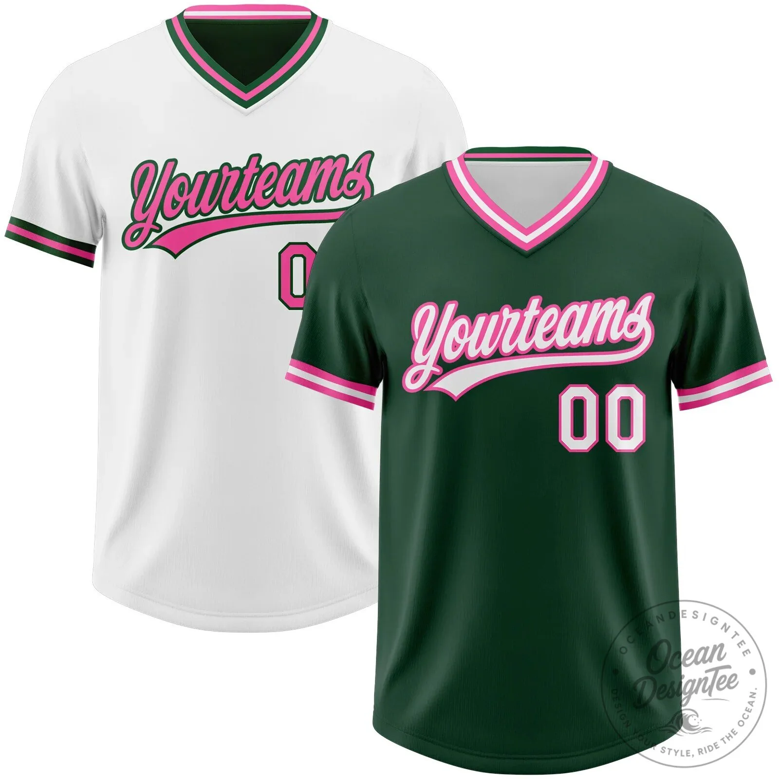 Custom Green Pink White Reversible V-Neck Short Sleeve Baseball Jersey