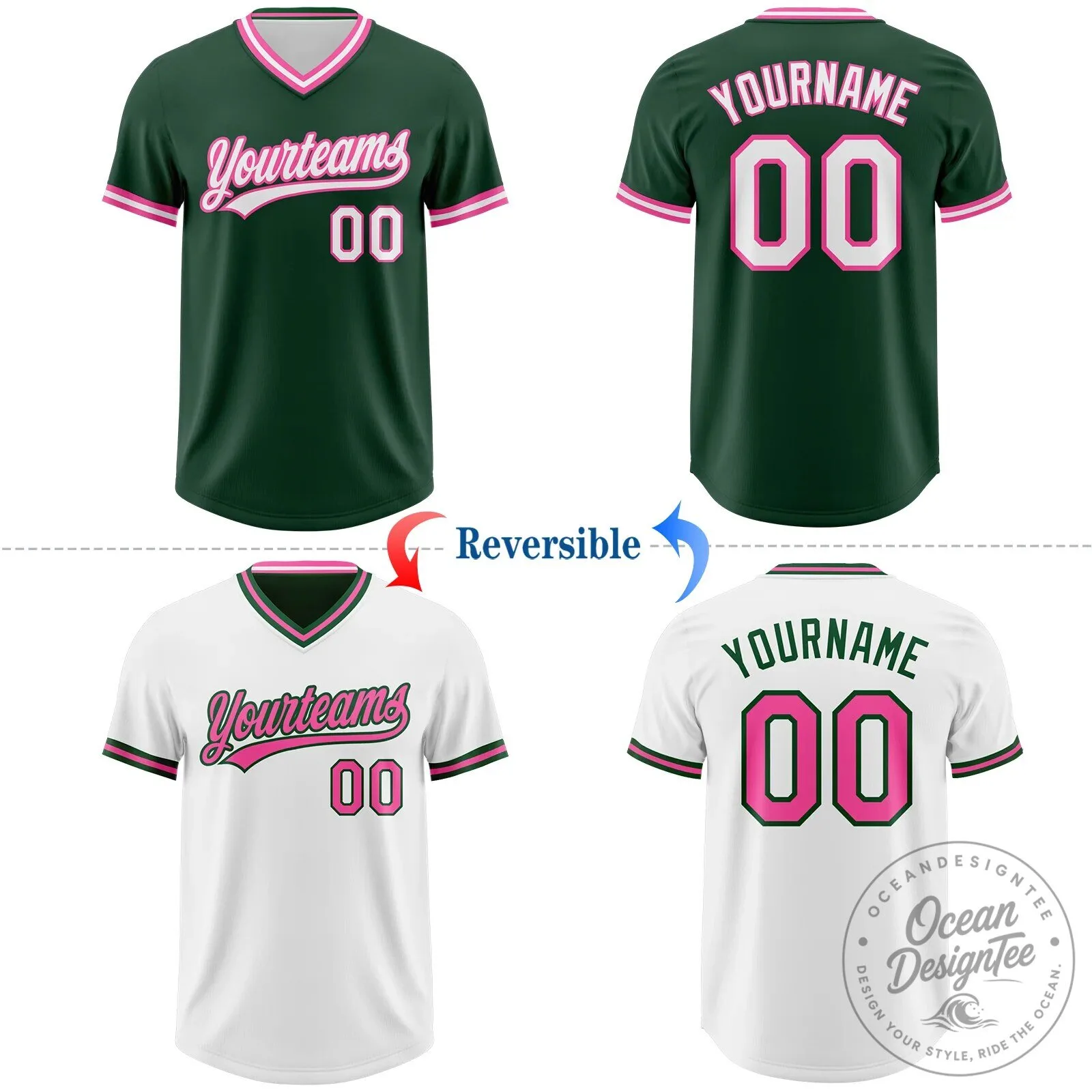 Custom Green Pink White Reversible V-Neck Short Sleeve Baseball Jersey 10 Custom Green Pink White Reversible V-Neck Short Sleeve Baseball Jersey
