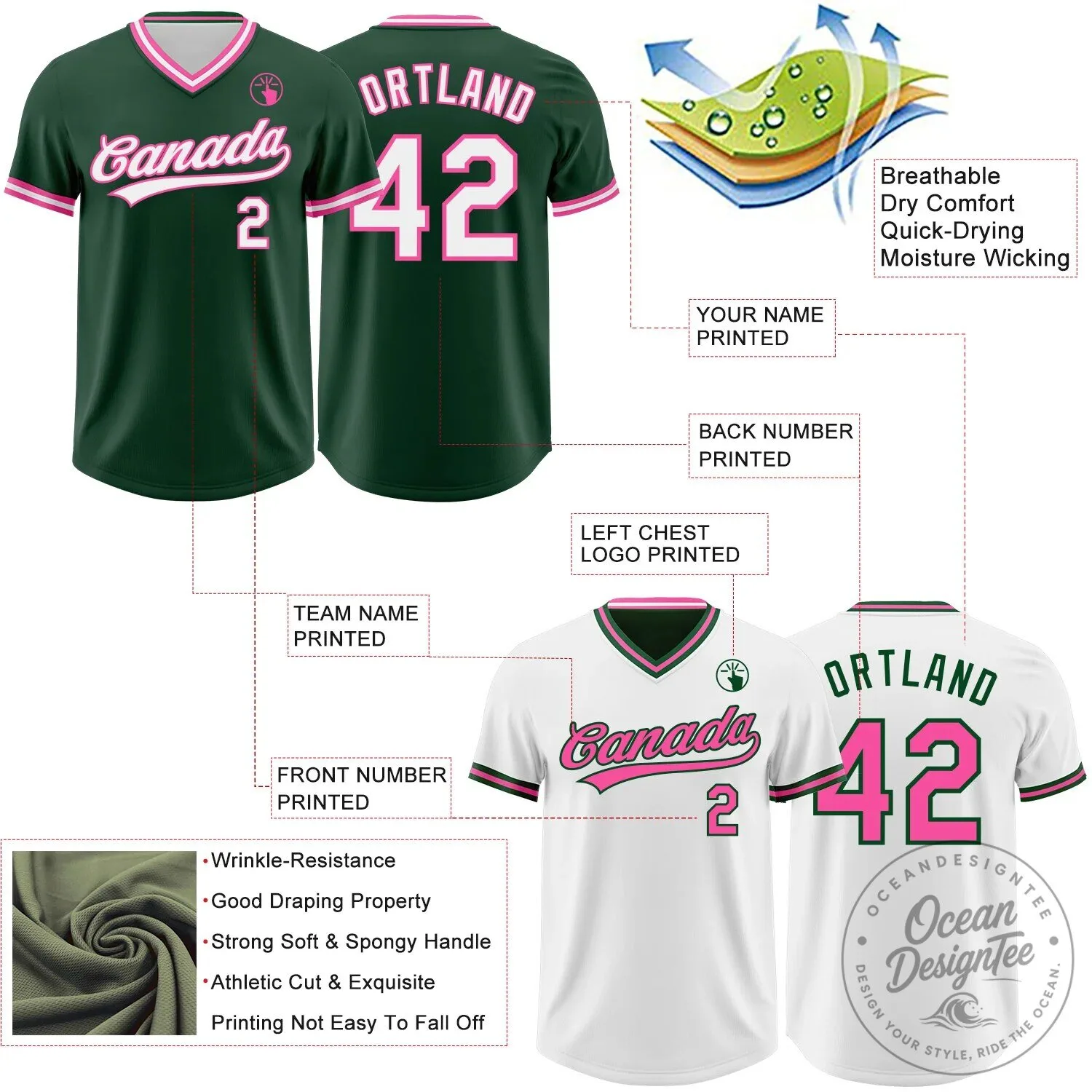 Custom Green Pink White Reversible V-Neck Short Sleeve Baseball Jersey 13 Custom Green Pink White Reversible V-Neck Short Sleeve Baseball Jersey