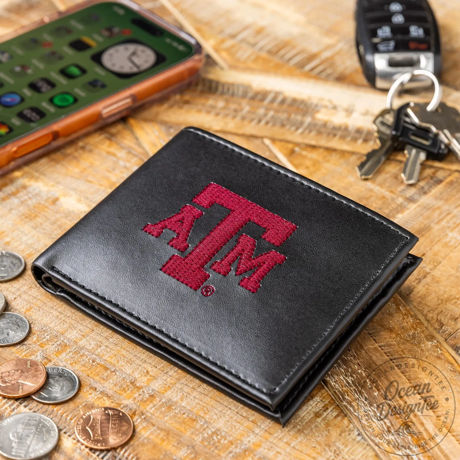 Texas A&M Aggies Embroidered Bi-Fold Wallet, Black Leather Men's Accessory